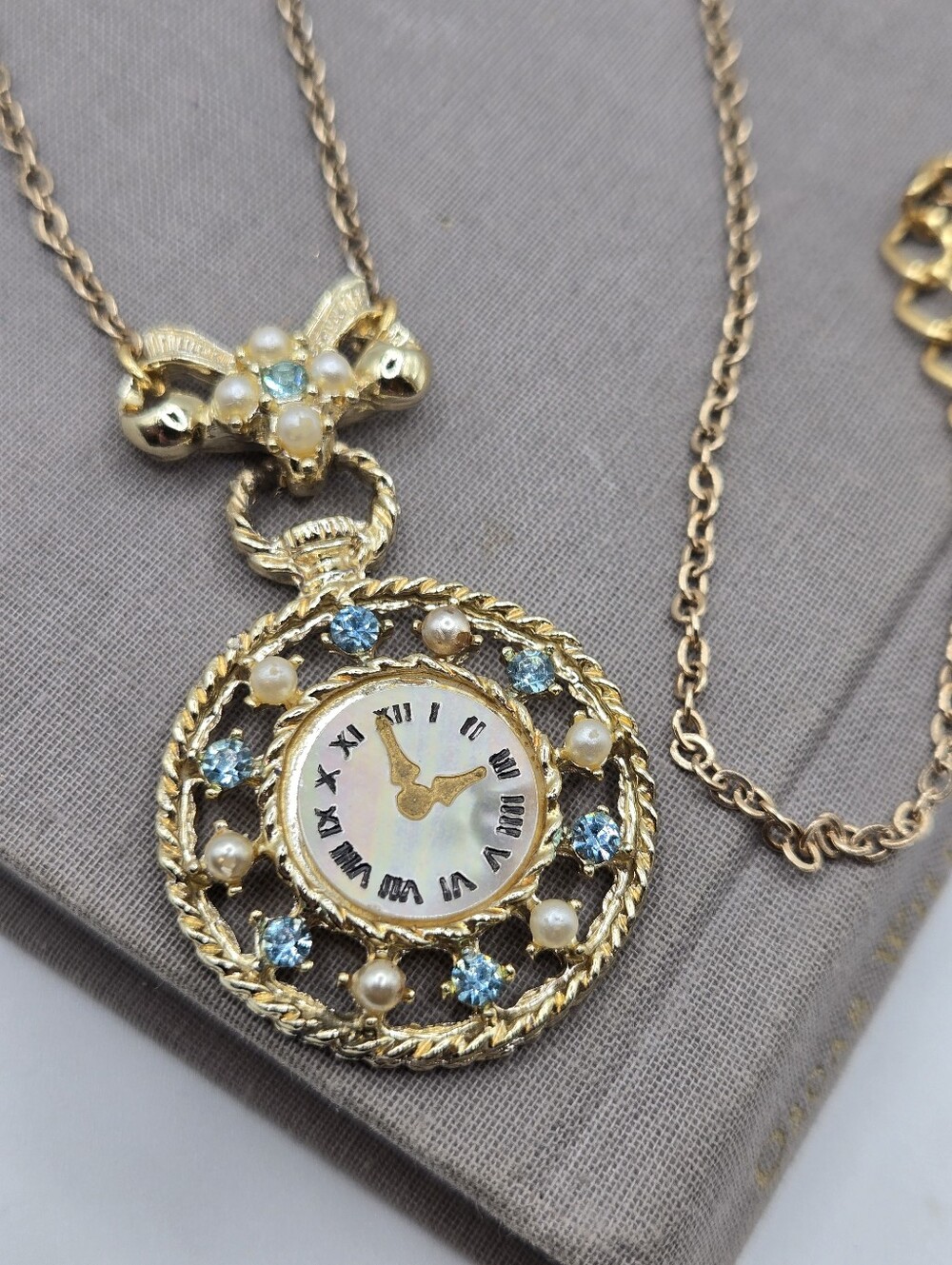 Victorian Revival Gold Clock Pendant Necklace Whimsigoth Pearl CZ Crystal Fairy